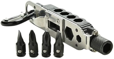 Dailygoods- Zakschroevendraaier multifunctioneel - Mini-sleutelhanger - Roestvrij staal - Outdoor gereedschap - Flesopener - LED zaklamp met karabijnhaak - Multitool