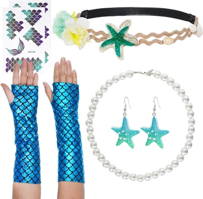Zeeleven Accessoires voor Vrouwen, Haarband, Handschoenen, Ketting met Sterrenvis Oorbellen, Gezichtstickers voor Feestjes en Cosplay, Perfect voor Carnaval en Themafeesten