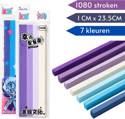 Winkrs - 1080 Vouwstrips - Stroken papier voor het vouwen van sterren, 7 kleuren - blauw, wit en paars - Lucky Stars