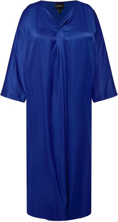 Ulla Popken - Dames - midi jurk satijn V-hals korte mouwen zakken - Donker saffier - Maat 42+