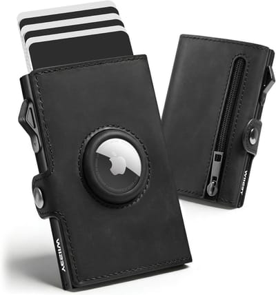 Dun leren portemonnee voor heren met AirTag, RFID-bescherming en meerdere pasjeshouders, zwart