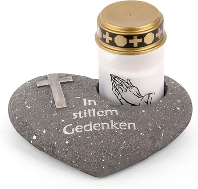 Grafversiering hart antraciet met kruis opschrift In stille herinnering incl. LED graflamp wit grafdecoratie grafhart weerbestendig grafdecoratie gedenksteen theelichthouder rouwsteen
