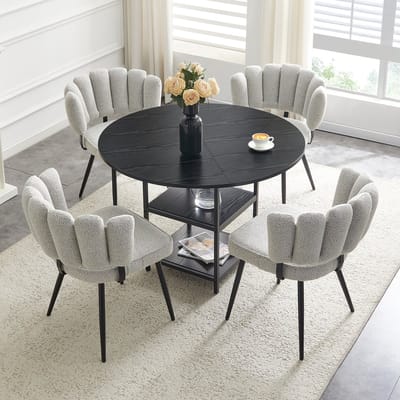 Eettafel en stoelenset voor vier personen - Zwarte ronde eettafel met vier fluwelen stoelen - Industriële stijl - Met dubbele opbergruimte - 107 x 50 cm - Geschikt voor eethoeken - Lichtgrijs