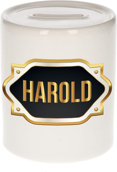 Spaarpot met voornaam Harold - wit - met goud/zwart embleem - 8 x 9 cm - keramiek - met afsluitdop - cadeau verjaardag