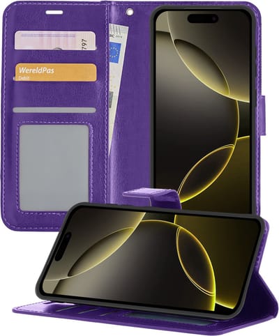 Hoesje - Met Pasjeshouder - Geschikt voor Apple iPhone 16 Pro - Luxe Bookcase Portemonee - Flip Case - Kunstleer Book Case - Flipcase - Book Cover - Walletcase - Portemonneehoes - Telefoonhoesjes - Paars