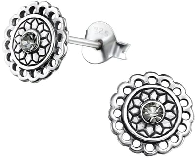 Joy|S - Zilveren Bali ronde oorbellen - 8 mm - grijs kristal - geoxideerd