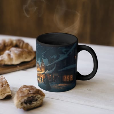 Magische Mok - Foto op Warmte Mokken - Koffiemok - Kerstfeest - Dorp - Donker - Magic Mok - Beker - 350 ML - Theemok