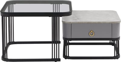 MODFU Stapelbare salontafel set van 2, hoogglanzende marmeren look, glazen tafelblad, zwarte poten en lades