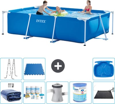 Intex Rechthoekig Frame Zwembad - 300 x 200 x 75 cm - Blauw - Inclusief Solarzeil - Onderhoudspakket - Zwembadfilterpomp - Filter - Solar Mat - Ladder - Voetenbad - Vloertegels - 9-delig