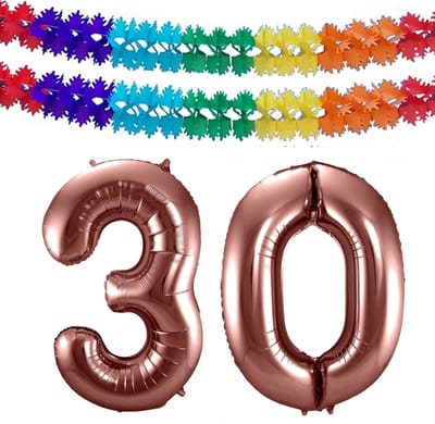Folat Verjaardag Leeftijd folieballon - 30 jaar - rosé goud - 86 cm - cijferballon groot - incl 2x feestslingers