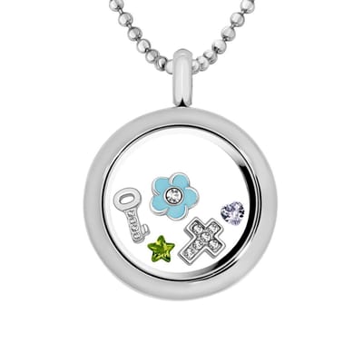 Quiges - Memory Medaillon 25mm met Ketting 70cm en 5 Floating Charms - RVS Zilverkleurig  - CLS016