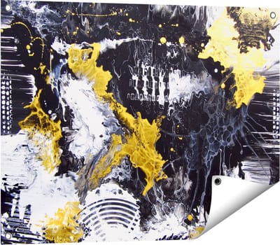 Gards Tuinposter Abstracte Kunst met Zwart, Wit en Goud - 80x60 cm - Tuindoek - Tuindecoratie - Wanddecoratie buiten - Tuinschilderij