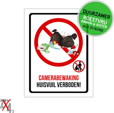 Pictogram/ bord Dibond | "Camerabewaking - Huisvuil verboden!" | 19 x 25 cm | Sluikstorters | Afval container | Vuilnisbak | Parkeerplaats | Pompstation | 1 stuk