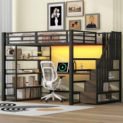 KOMHTOM Metalen hoogslaper 140x200 met trap, geïntegreerd bureau, opbergvakken, USB-oplaadstation en ledverlichting, zwart