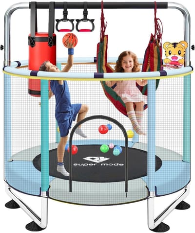 Peuter Trampoline - Babytrampoline Binnen Buiten - Veilig Spelen - Verstelbaar 5 Meter - 140x140x157 cm - Blauw Geel
