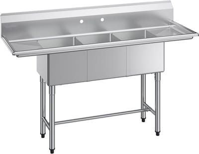 Spoelbak 3-vaks - RVS horeca gootsteen vrijstaand voor foodtruck - Twee afvoeren - Met spatbescherming - Afmeting 167,8 x 55,8 x 109,7 cm - Zilver