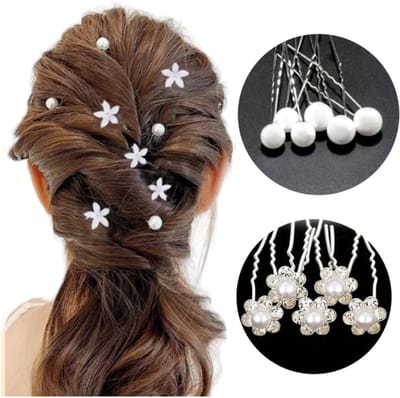 Bruids Haar Clips haarpinnen 12 stuks - PAREL haarpinnen+ Bloem haarpinnen -Youhomy Haarsieraad - Haarversiering - Haaraccessoire | Bruidskapsel pinnen- Bruidmeisje Haarpinnen U-vormige- zilver Bloem - Parel | Bruiloft Gelegenheid