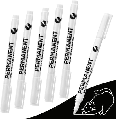Set van 6 markers - markeerstift - acrylverf - harde punt - textielverf - permanente markerset - fijne punt 1 mm - waterbestendige verfpen - marker - voor textiel, kunstpapier, tekenen, kleuren, krabbelen, doe-het-zelf-knutselen - 14 cm - wit