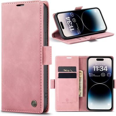 Geschikt Voor iPhone 14 Pro Hoesje - Solidenz Urban Bookcase 14 Pro - Telefoonhoesje 14 Pro - 14 Pro Case Met Pasjeshouder - PU Leren Hoes - Draadloos Opladen - Roze
