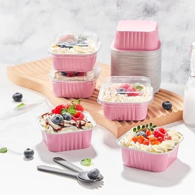 Mini Cake Bakvormpjes met Deksel en Lepels - 150ml Vierkante Aluminium Bakpannen voor Desserts, Bruiloften, Verjaardagen en Feesten