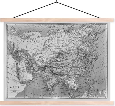 Posterhanger incl. Poster 150x113 cm - Schoolplaat - Klassieke wereldkaart zwart wit - Textielposter - Blanke latten