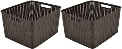 Opbergmand 28,5L Set van 2 Kunststof Rattan Design – Mandjes Riet Look – Opbergbox – Kinderkamer – Keukenkast en Kledingkast Organizer – 40x34x23 cm