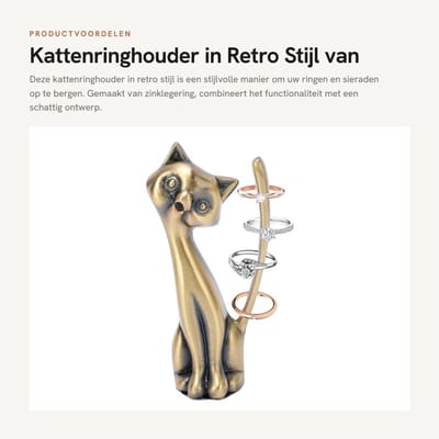 Dailygoods- Kattenringhouder Zinklegering - Ringstandaard - Sieradenopslag - Kattenstijl - Decoratie - 7 x 2,5 x 3 cm