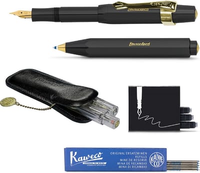Kaweco - Cadeau - pennenset- (6delig) - Etui - Vulpen Fine met Clip - Balpen - Zwart - Inktpatronen - Balpenvullingen
