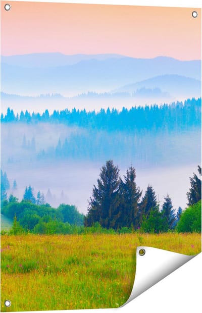Gards Tuinposter Mistige Heuvel Landschap met Bossen - 60x80 cm - Tuindoek - Tuindecoratie - Wanddecoratie buiten - Tuinschilderij