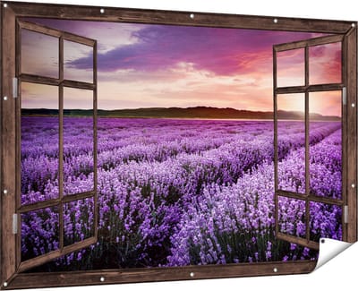 Gards Tuinposter Doorkijk Bloemenveld met Paarse Lavendel - Bloemen - 180x120 cm - Tuindoek - Tuindecoratie - Wanddecoratie buiten - Tuinschilderij