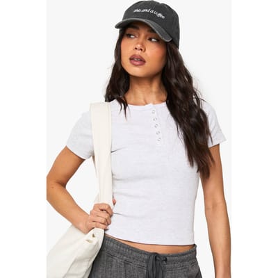 boohoo Dames Rib Popper Neckline Crew Neck Top | Asgrijs | Maat: 44