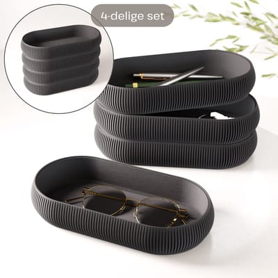 Fleuriek – Stapelbare organizer set 4-delig – Mix & match opbergsysteem – Trays + pennenhouder voor kantoor, bureau, badkamer & keuken – Zwart