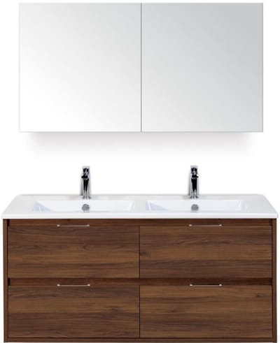 Porto Badmeubelset 120 cm - 4 Laden Walnoot - Keramische Wastafel Wit Slim met Spiegelkast