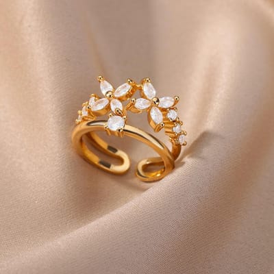 Zirkonia Klavertje Vier Ringen Voor Vrouwen Kristal Roestvrij Staal Dubbellaags Geometrisch Verstelbare Ring Bruiloft Sieraden Cadeau resizable&Gold Color brown