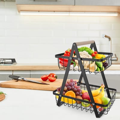 2-laags fruitmanden Zwart metalen fruitstandaard Moderne fruitschaal Vrijstaande groentemand Staande fruithouder met houten draaggreep Opslag voor groenten Fruitsnacks Jam NAIZY