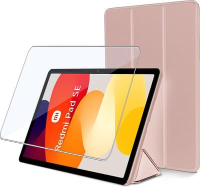 Geschikt voor Xiaomi Redmi Pad SE - Tablet hoes + Screenprotector – Gehard Glas Cover Shock Proof Hoesje - Rose