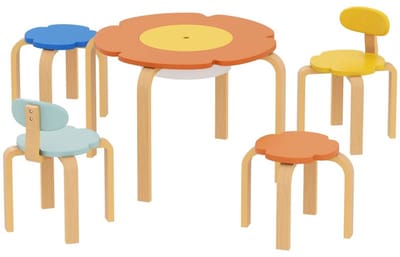 5-delige kindertafel en stoelen set - Bloemvormig meubel - Houten constructie - Met opbergvak - Afgeronde randen - Licht verplaatsbaar - Geschikt voor speelkamers en kinderkamers binnenshuis - Veelkleurig