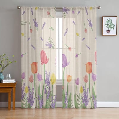 Plant Tulp Lavendel Bloem Transparante Raamgordijnen Voor Woonkamer Keuken Kinder Slaapkamer Voile Hanggordijn 135W x 114H(cm) white