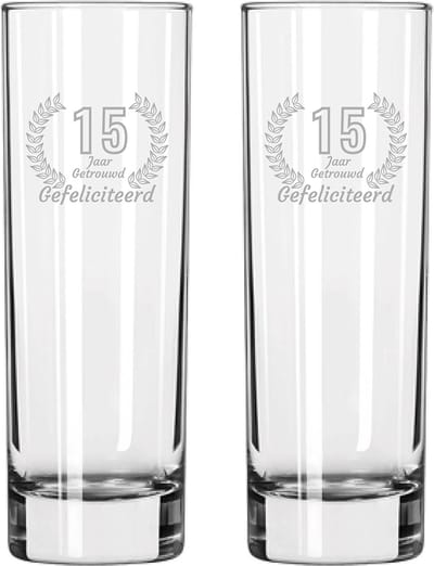 Gegraveerde set Longdrinkglazen 22cl Gefeliciteerd 15 jaar getrouwd