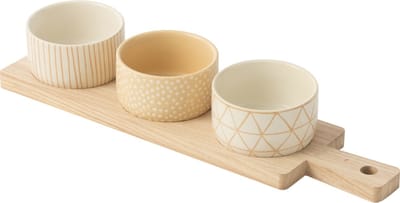 J-Line tapasplank 3 kommen + bambouschaal In Doos - keramiek/hout - wit/creme
