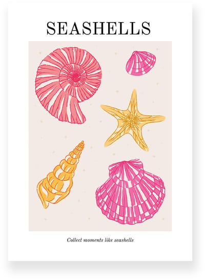 Poster 20x30 cm - Seashells - Strand - Roze - Geel - Minimalistisch - Boho - Muurdecoratie - Wanddecoratie