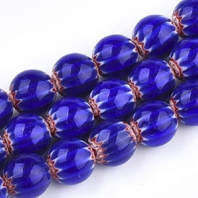 Millefiori, Venetiaans glas, ronde kralen 10mm, blauw/rood/wit. Per snoer van ca. 38cm
