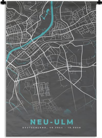 Wandkleed - Wanddoek - Plattegrond – Neu Ulm– Blauw – Stadskaart – Kaart - Duitsland - 120x180 cm - Wandtapijt