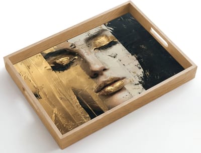 Dienblad hout 50x35 cm - Schootdienblad - Abstract - Goud - Gezicht - Lippen - Borrelplank rechthoek - Plateau dienbladen