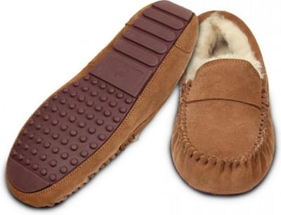 Pantoffel Mocassin suède bruin gevoerd met echt lamswol maat 36