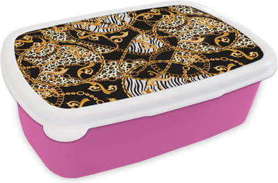 Broodtrommel Roze - Lunchbox - Brooddoos - Ketting - Goud - Panter - Zebra - 18x12x6 cm - Kinderen - Meisje