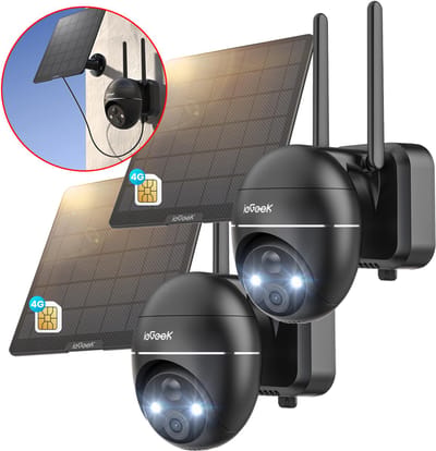 ieGeek 4G LTE Bewakingscamera Buiten met SIM-kaart – 2K Ultra HD, Nachtzicht, Bewegingsdetectie, IP67, 360° Draaibaar – Incl. Zonnepaneel – Voor Tuin, Erf & Bedrijf - Zwart - 2 stuks