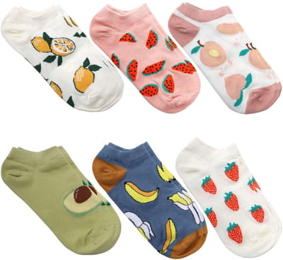 BRENZOOS- Sneakersokken dames - 6 paar - Katoenen sportsokken - Modieuze motieven - Fruitmotief - Lichtgewicht en zweetafvoerend - Damessokken
