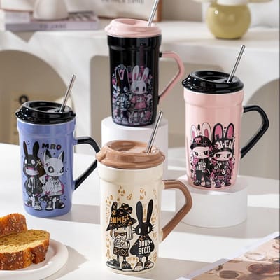 Coole Kleine Konijn met Deksel Lepel Keramische Kop Schattige Kop van Hoge Waarde Creatieve Persoonlijkheid Waterbeker Meisjes Cadeau Kop 580ML black