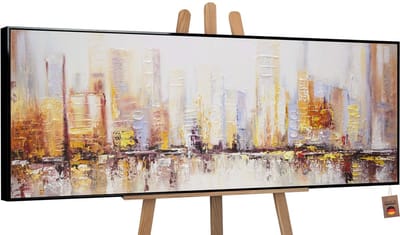 Canvas schilderij panoramisch handgeschilderd ochtend in de stad stedelijk – YS-Art Gallery – Luxe wanddecoratie voor woonkamer – Modern schilderij voor kantoor en hal